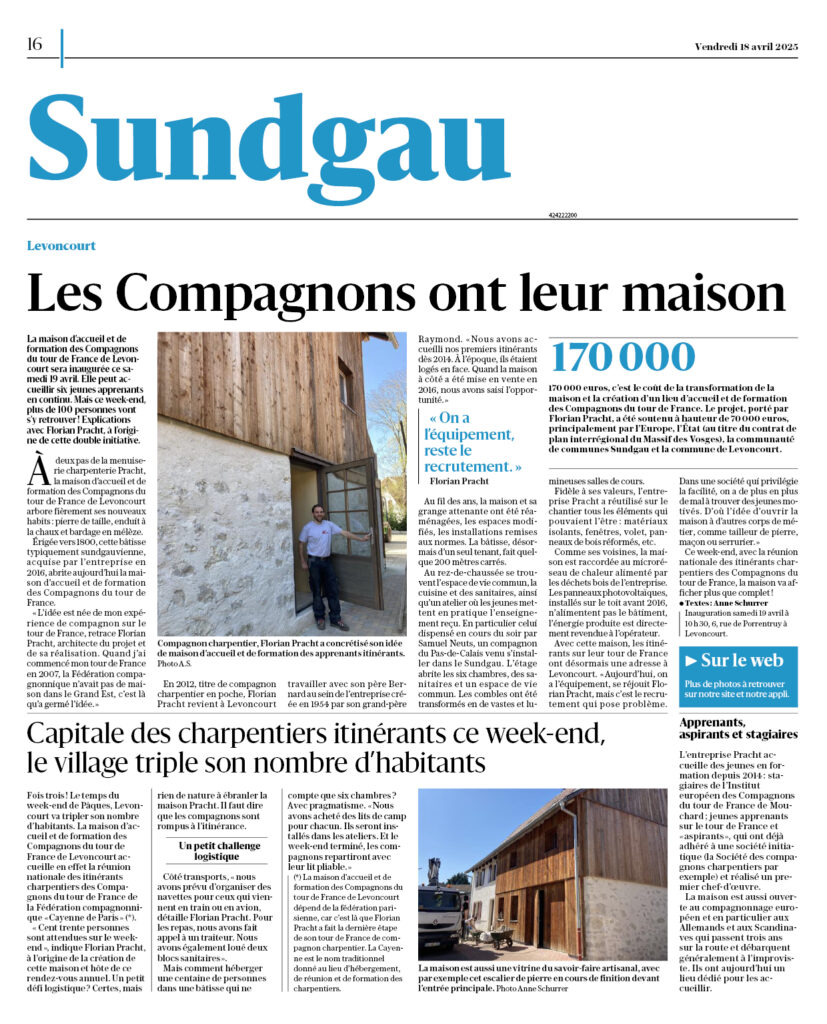 La nouvelle maison d’accueil et de formation des Compagnons du tour de France ouvre ses portes
La maison d’accueil et de formation des Compagnons du tour de France de Levoncourt sera inaugurée ce samedi 19 avril. Elle peut accueillir six jeunes apprenants en continu. Mais ce week-end, plus de cent personnes vont s’y retrouver ! Explications avec Florian Pracht, à l’origine de cette double initiative.